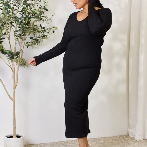 NEW Culture Code PLUS + REG Size Ribbed Long Sleeve Slit Hem Midi Dress - Picture 6 of 13